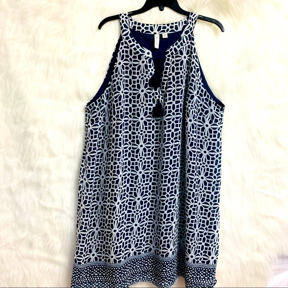 Tacera Sleeveless Mosaic Sheath w/Tassel tie neck